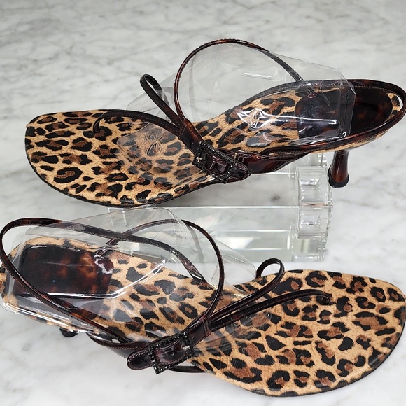 Stuart Weitzman Shoes - Stuart Weitzman Kitten Heel Sandals Strappy Thong Animal Print Brown Slingback 9